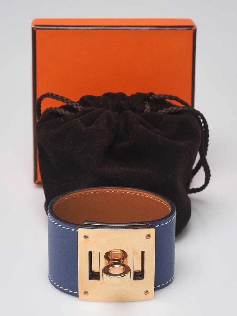 Hermes Bleu Brighton Swift Leather Gold Plated Kelly Dog Bracelet Size T1 - Picture 2 of 7